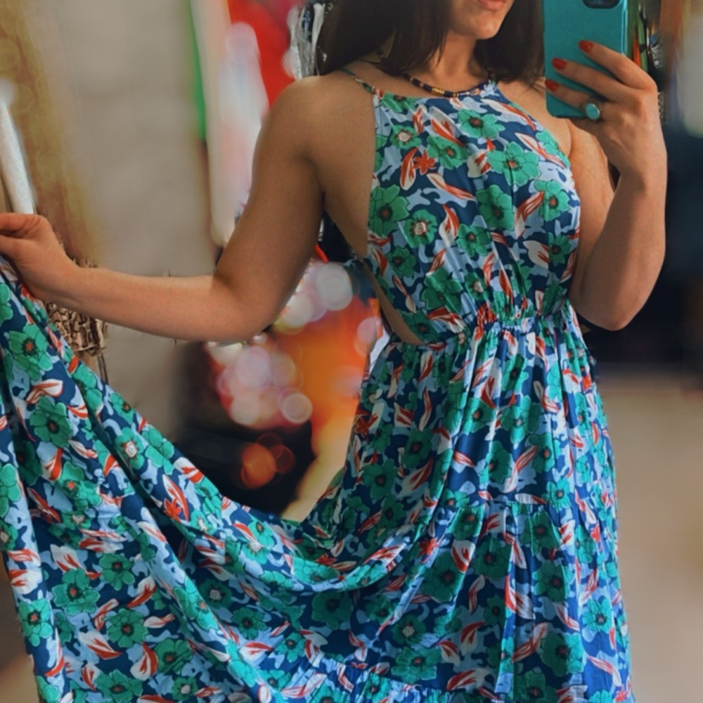 Floral Blue Sleeveless Maxi Dress